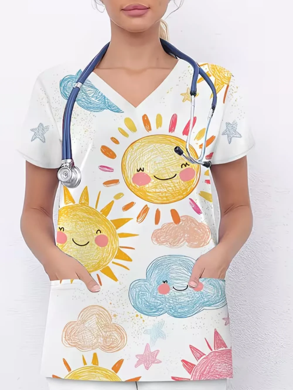 Clinical Uniform Woman Cartoon Art Draw Print V-Neck Short Sleeve Tees with Pockets Dentist Vet Nurse Surgical Uniforms Nursing
