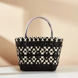 Woman Fashion Black White Color Contrast Tote Large Capacity Handmade PP Woven Handbag Summer Female Seaside Traval Beach Bag