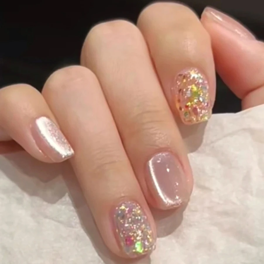 Strass quadrati rotondi lucidi Unghie finte a punta lunga Glitter Cat Eye Mandorla Unghie finte Art Perlescente Balletto Stampa sulle unghie