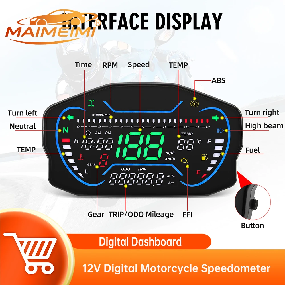 Motorcycle Digital Dash Panel Moto Speedometer Dashboard with RPM Mileage Tachometer Odometer Voltage for 2/4 Cylinders