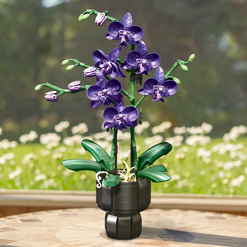 

Purple Orchid Building Blocks Bouquet in Vase Multicolor Artificial Flower Arrangement with Green Leaves, Resin Home Decor