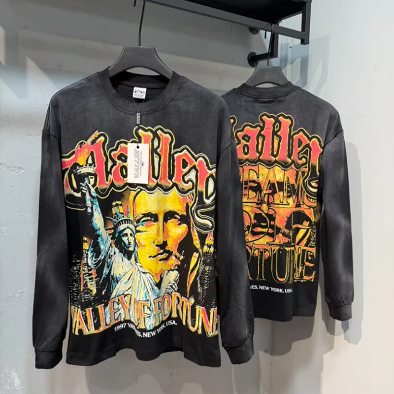 2026 New VALLEY Unisex Hip‑Hop Washed Long Sleeve Tee Retro Statue of Liberty Art Print Loose‑Fit Street Longline Top