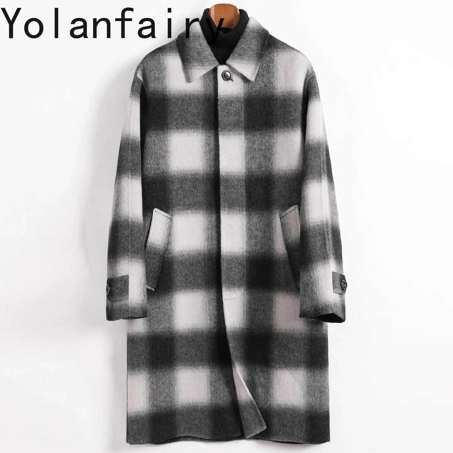 YOLANFAIRY Double‑Faced 65% Wool Coat Men Winter Vintage Plaid  Alpaca Lapel Collar Mid‑Length Casual Woolen Overcoat Casacos