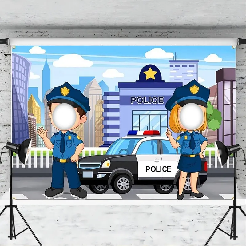 Police Backdrop Police Station Face in Hole Car Photography Background Party Decoration Boys Kids Face Cutout Photo Booth Props