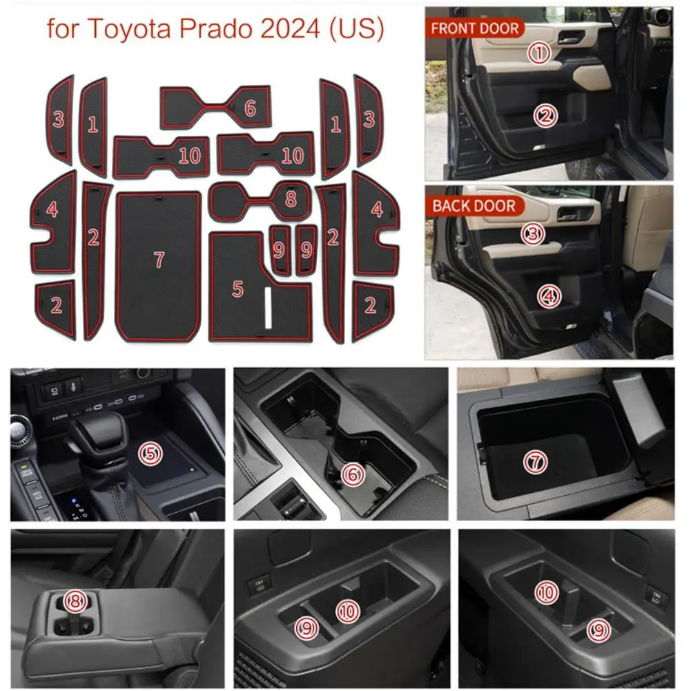 1 Set Car Anti-skid Door Slot Pad For 24 ForToyota PRADO LC250 Left/Right Hand Drive PVC Dust Mat Water Cup Slot Storage Pad