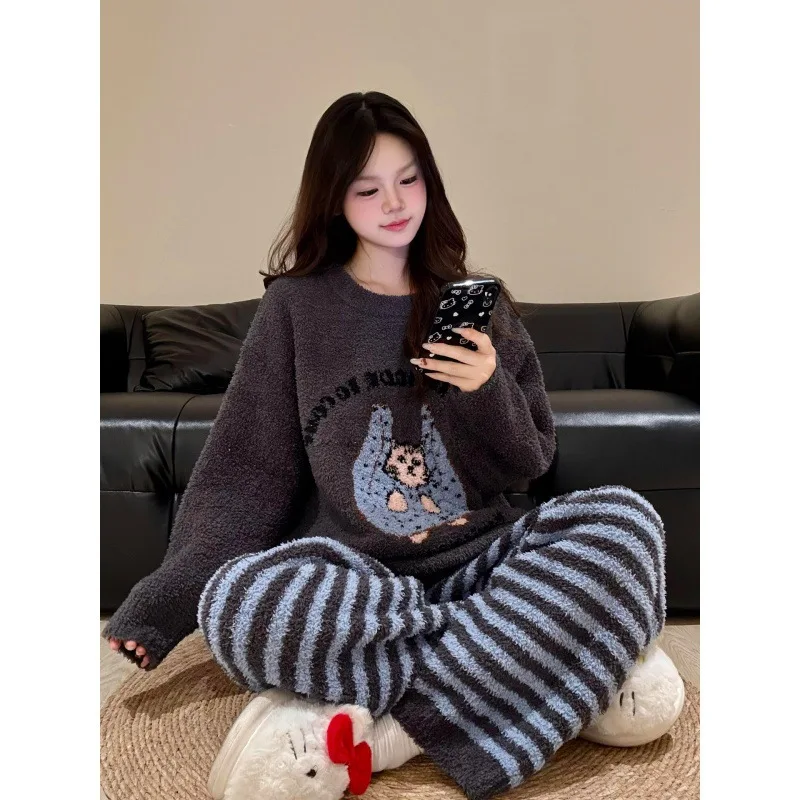 Kawaii Cat Graphic Pajamas Set Women 2026 Winter Thick Warm Fleece Sleepwear Grey Striped Lounge Wear Soft Plush Home Clothes