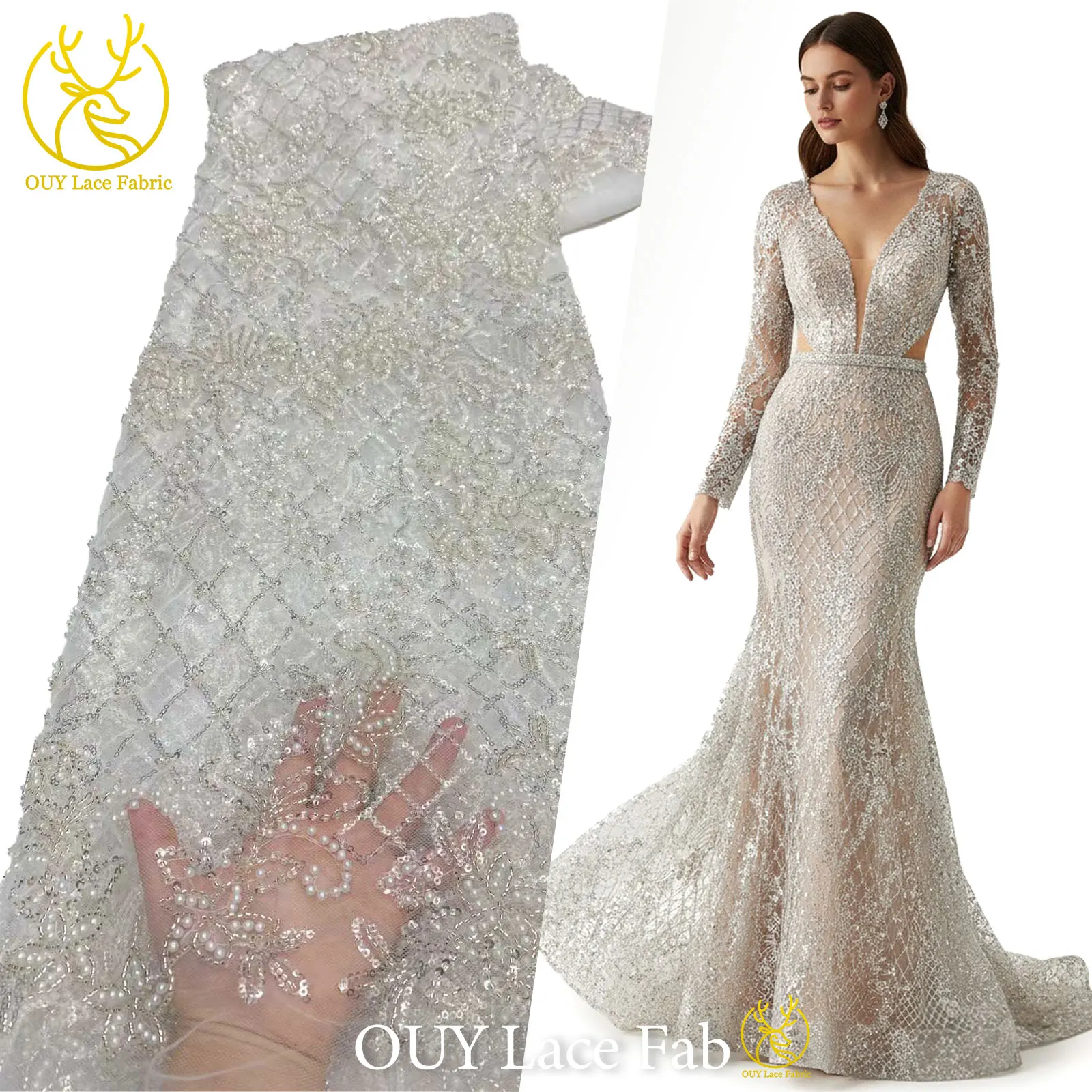 

White Bridal Wedding Dress African Sequins Beaded Lace Fabric 2026 High-Quality Nigerian Wedding Embroidery Groom's Tulle Sewing