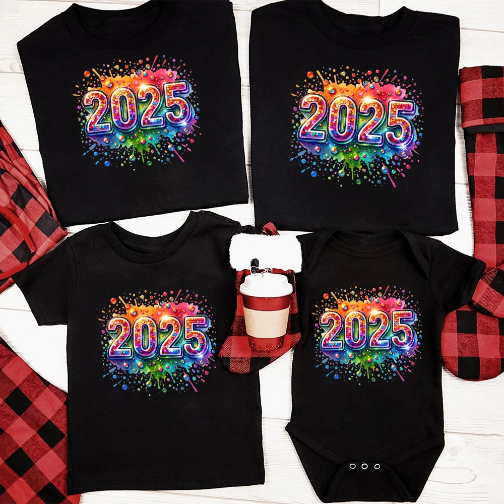 New Year 2025 Family Crew Shirts Outfits Dad Mom and Me Casual Breathable Tee Family Matching Tops Holiday Clothes