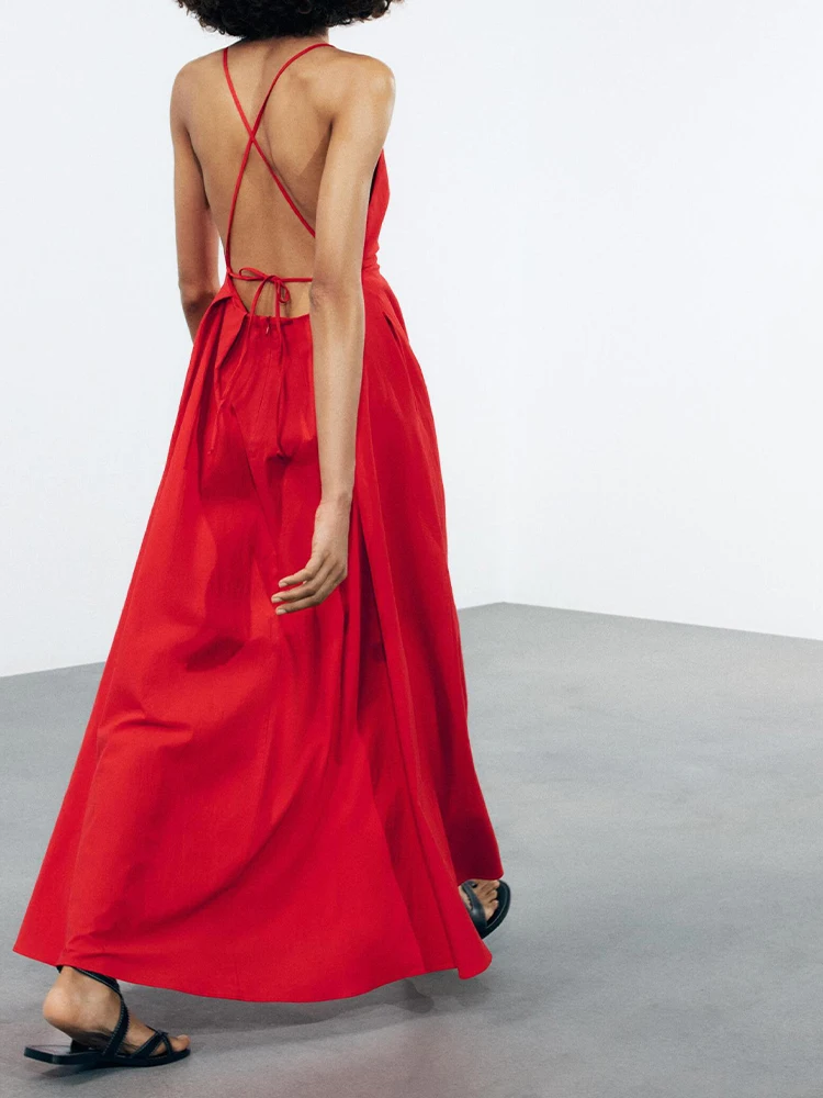Женское летнее новое модное красное сексуальное длинное платье с открытой спиной и v-образным вырезом в европейском и американском стиле