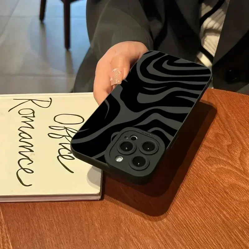 웨이브 패턴 프린트 블랙 실리콘 보호 폰 케이스, 아이폰 15, 14, 13, 12, 11 프로 맥스, XS, X, XR, 7, 8 플러스, 충격 방지 소프트 커버