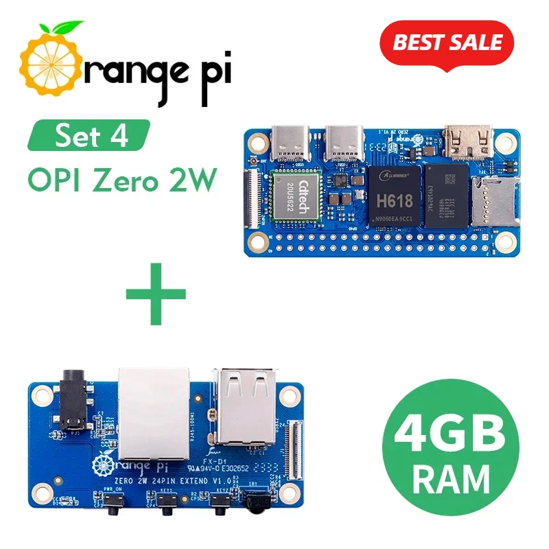 New Orange Pi Zero 2 W 4G+Expansion Board,DDR4 Allwinner H618 Orange Pi Zero 2W WiFi+BT SBC Single Board Computer Zero2W Mini PC