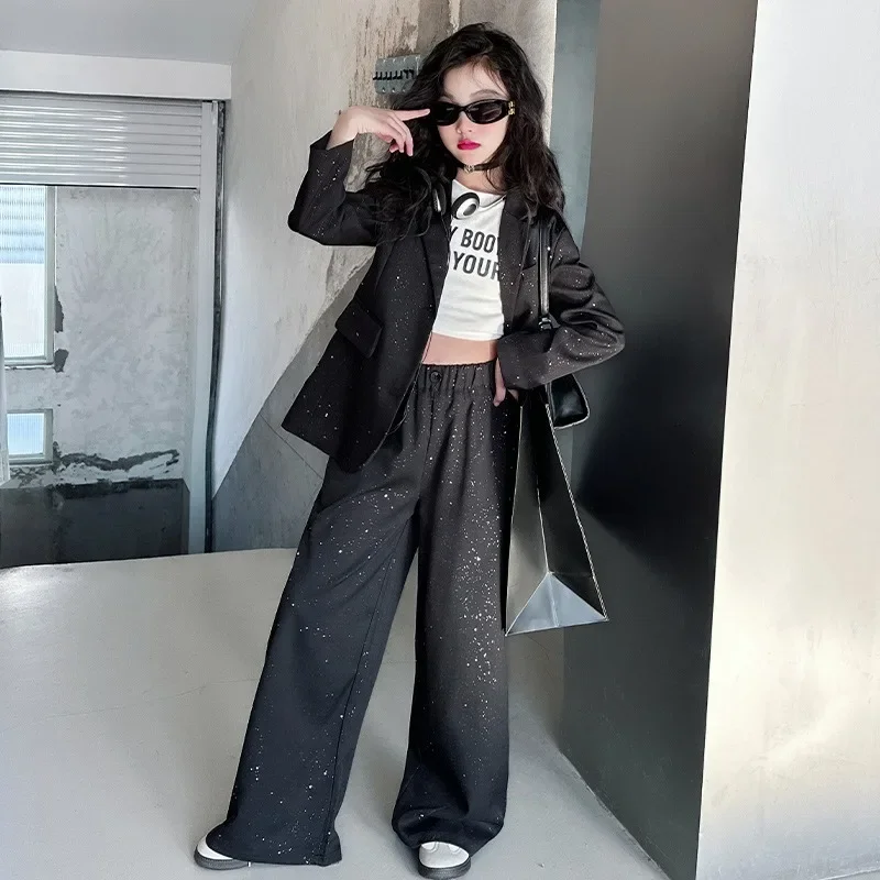 

Girl's Silver Sprinkled Suit Set Spring and Autumn New Style Children's Korean Version High-end Long Sleeved Pants Two-piece Set