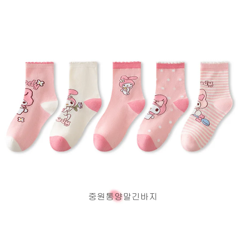 5 Pairs Sanrio Girls Socks Melody New Fall Winter Cartoon Children Mid-calf Socks Cotton Sock for Kids Gifts