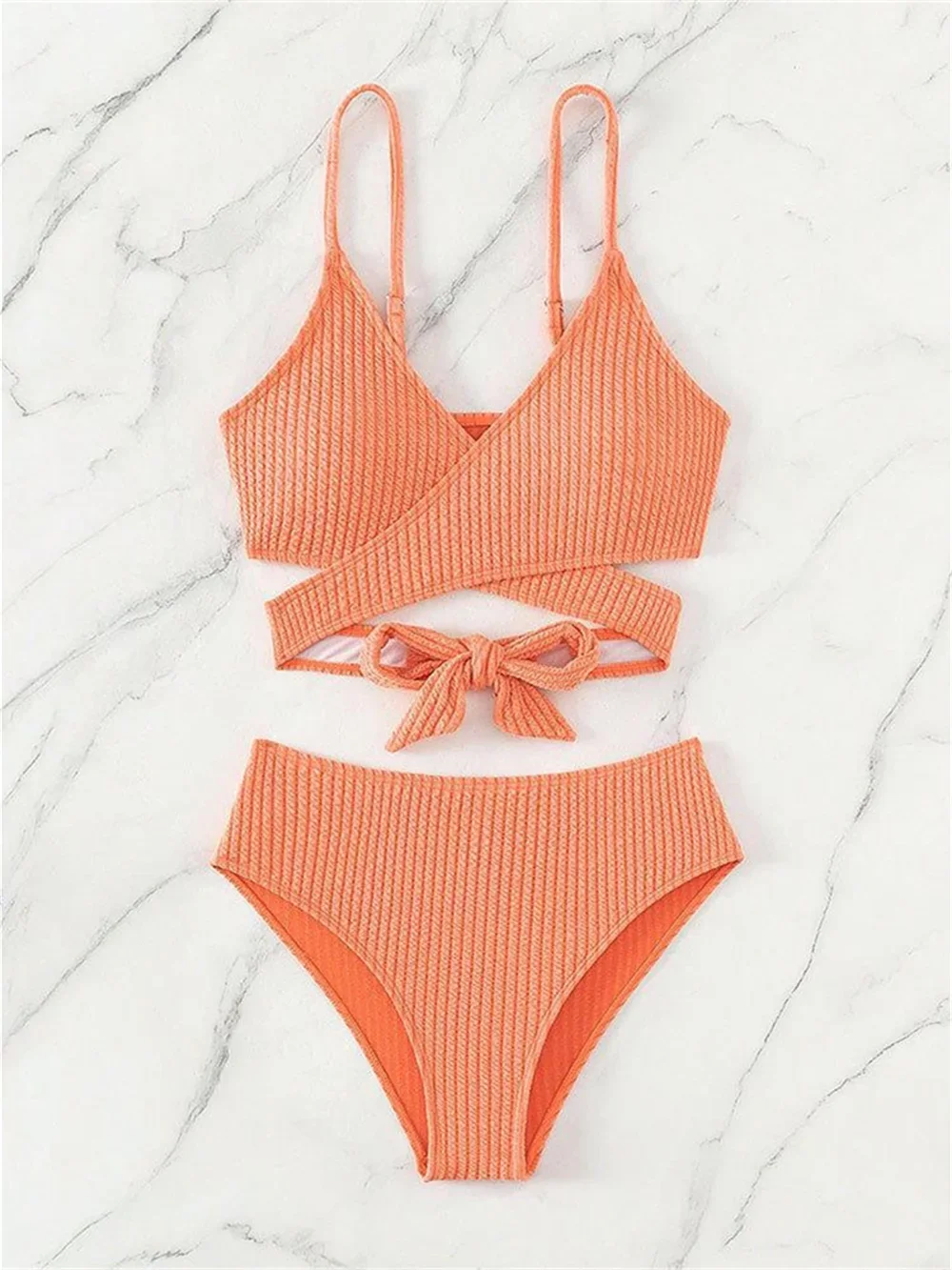 Sexy Cross Bandage Push Up Bikini Black Y2K High Waist Sling Swimsuit Ribbed Beach Outfit Bathing Suits Women Vacation Swimwears