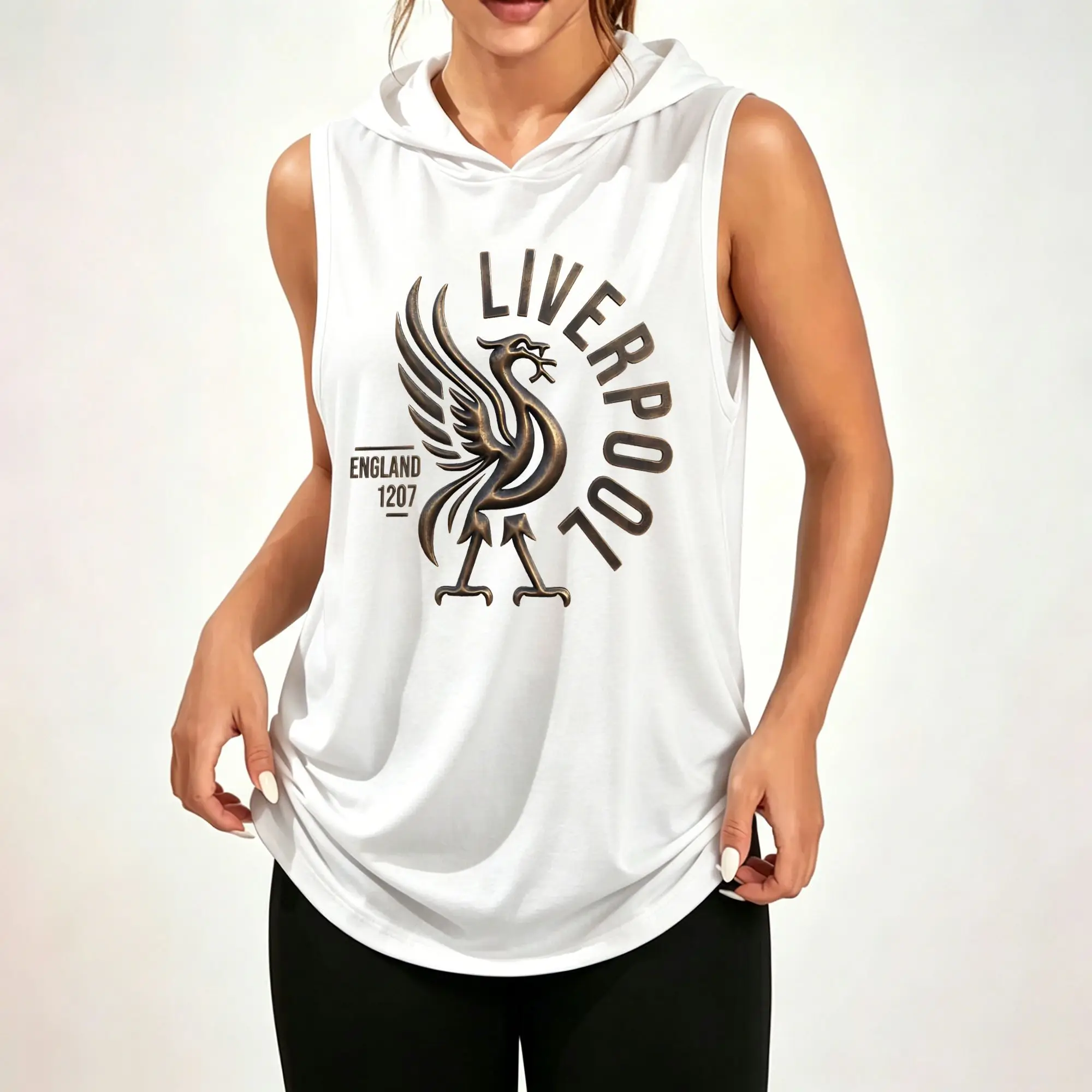 Women's Sleeveless Hoodie, Liverpool Liver Bird England 1207 Vintage Metallic Effect Graphic Print Casual Hooded Tank Top