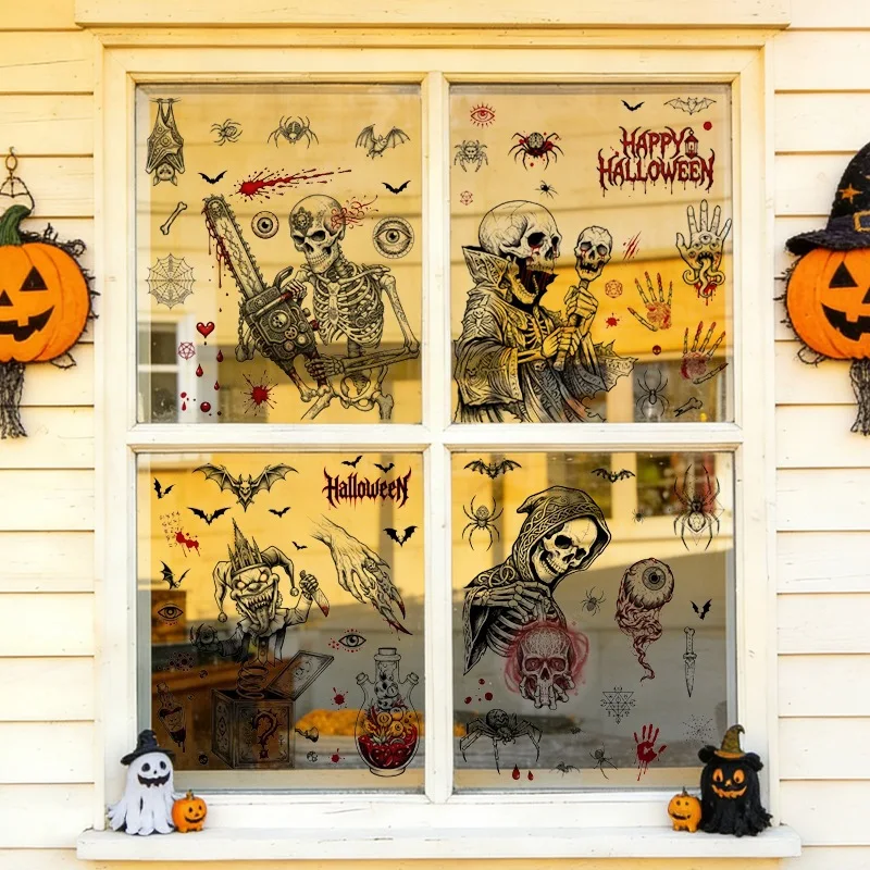 10 Sheets Halloween Skull Chainsaw Bloody Handprint Eyeball Explosion Box Static Window Clings, Horror Glass Door Wall Decor