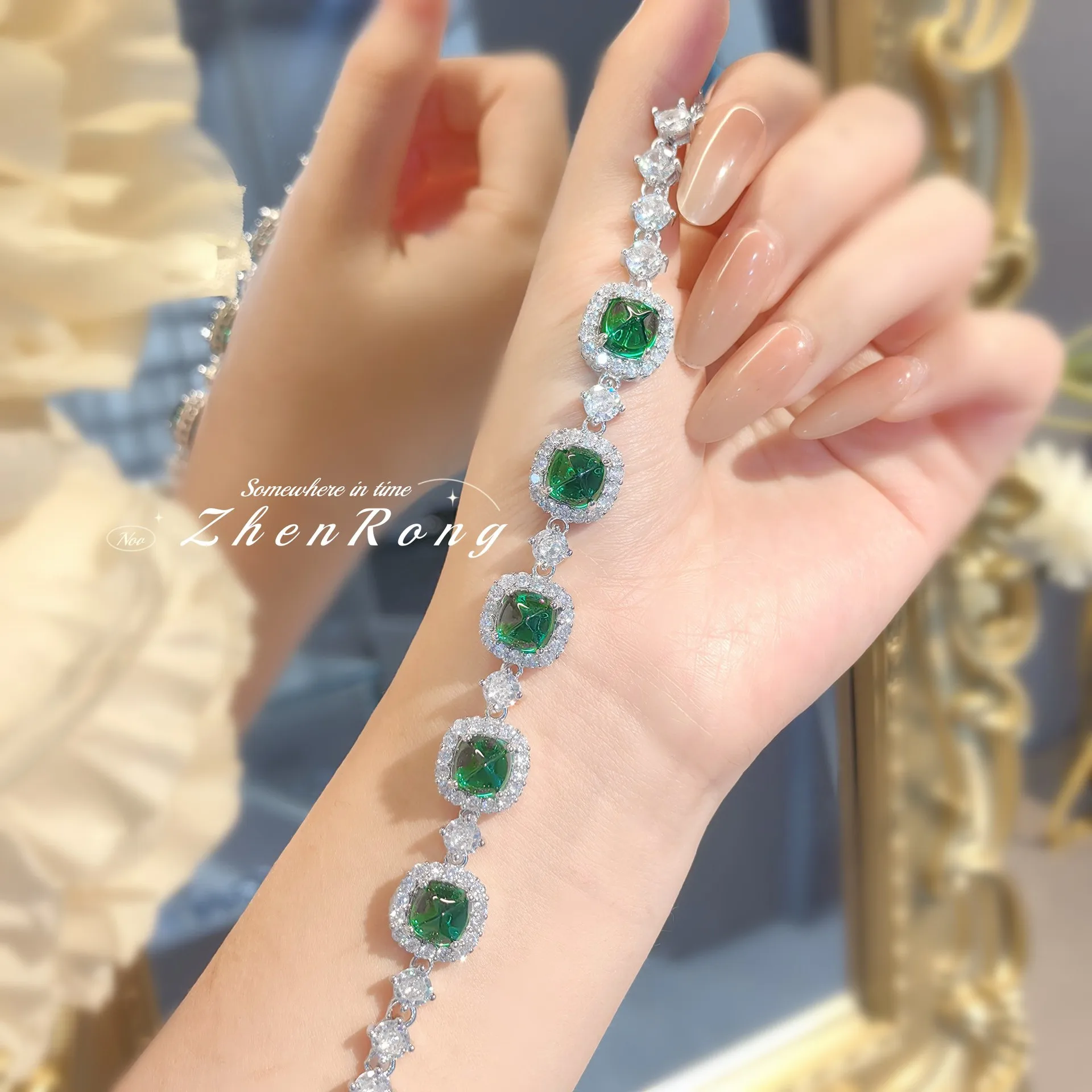 Retro Ice Flower Cut Green Zircon Bracelets Women's Luxury Design Fashion 16+4cm Chain Handicraft 2024 New Festival Gifts