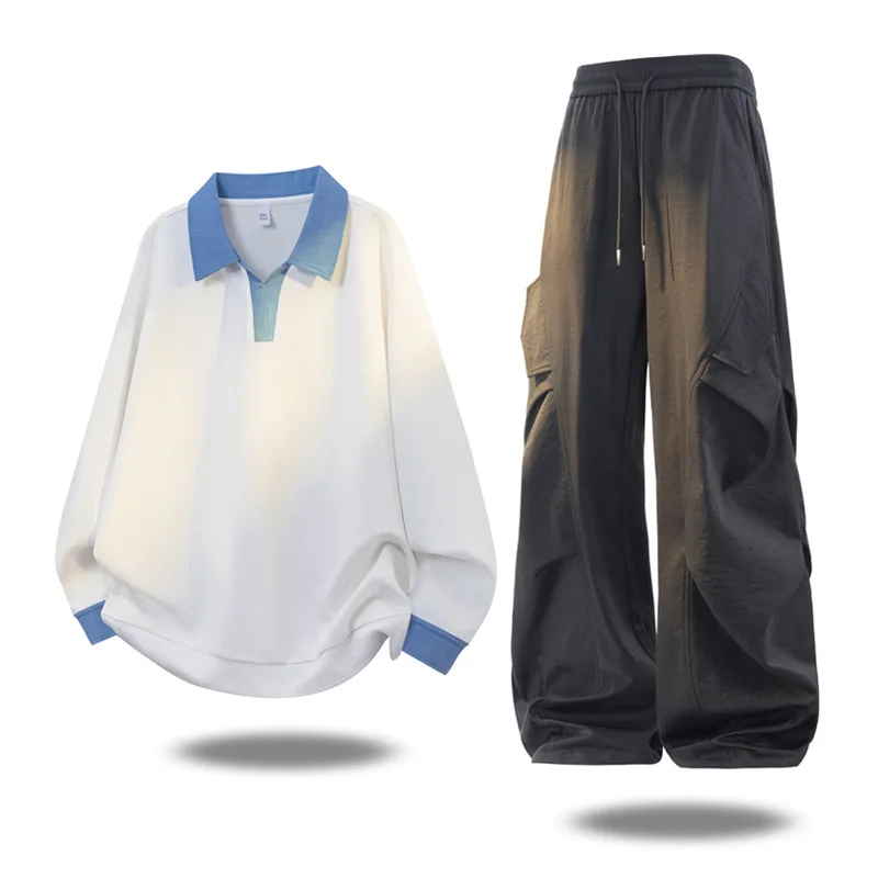 Men Contrast Collar Long Sleeve Polo Sweatshirt Set Pleated Cargo Wide Leg Pants Casual Two Piece Outfit