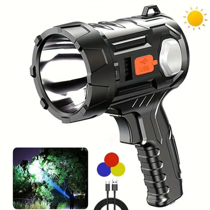 Projector LED recarregável com função de saída, tocha solar, projector ao ar livre, tocha solar, bateria embutida, lanterna de emergência, brilhante