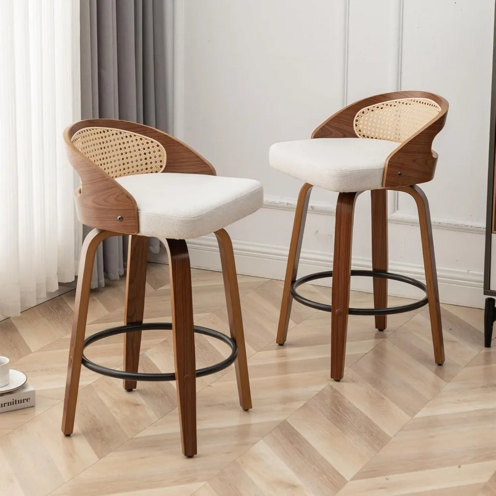 25" Bar Stools Set of 2, Linen Fabric Upholstered Counter Height Stools, Barstools with Rattan Low Backrest, Finish Bar Chair