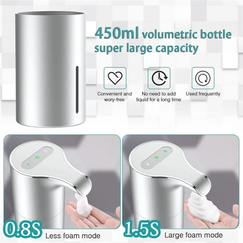 โฟมไฟฟ้าแบบชาร์จไฟได้ผ่าน USB แบบไม่ต้องสัมผัสระบบเครื่องจ่ายสบู่เหลวเครื่องจ่ายสบู่เหลวปรับได้กันน้ำ450มล. สีเงิน