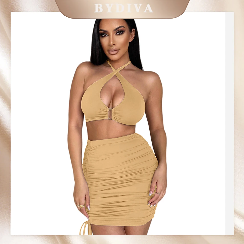 BYDIVA Ruched Cross Halter Bodycon Sexy Dress for Women Summer 2022 Solid Backless Cut Out Short Mini Dresses Women's Party Club