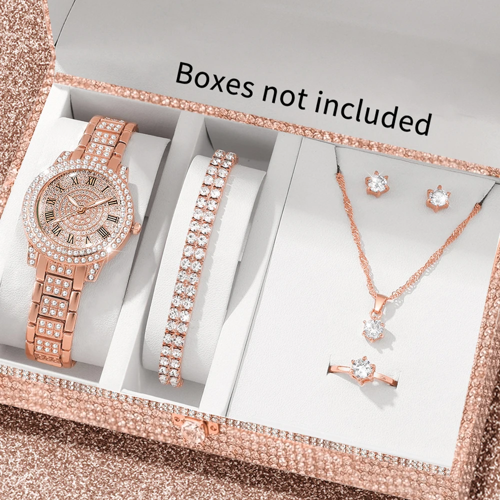 6pcs stylish women's quartz watch with necklace accessories set, suitable for daily wear and holiday gifts