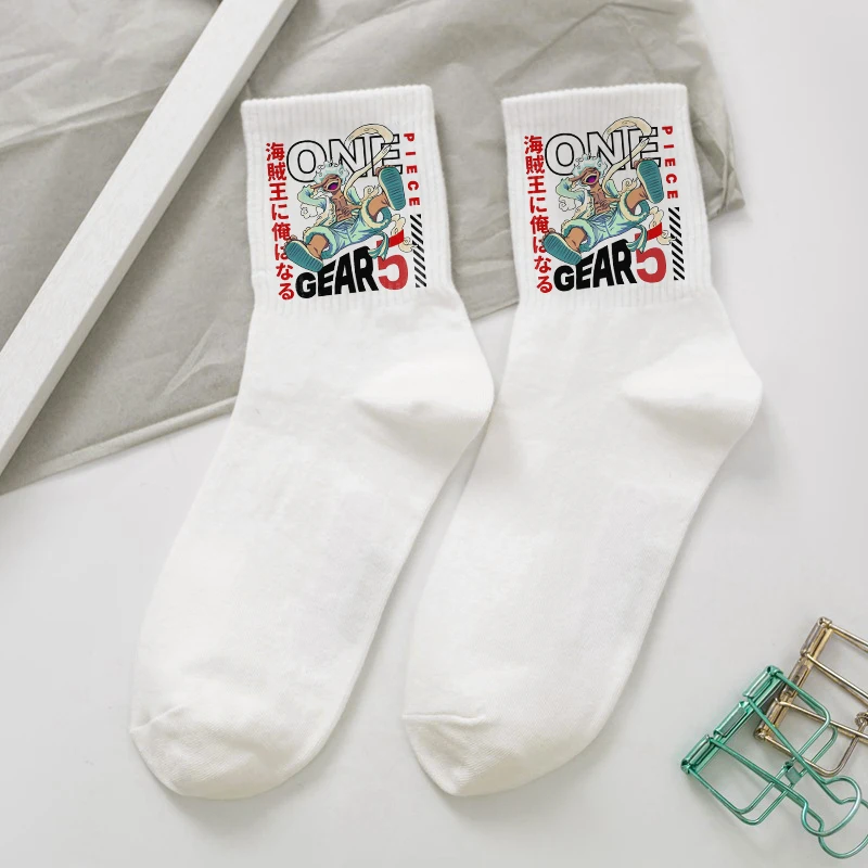 1/5Pairs Men Women Thin Calf Socks Anime One Piece Luffy Above Ankle Socks All Seasons Unisex Sport Non Slip Cotton Crew Sock