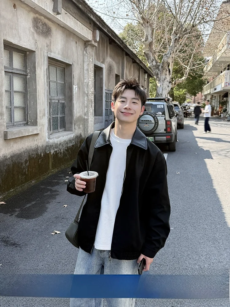 

Loose Fit Pure Cotton Collared Jaet for Men Spring Season New Sle American Retro Patchwork Leather Collar Casual Wear