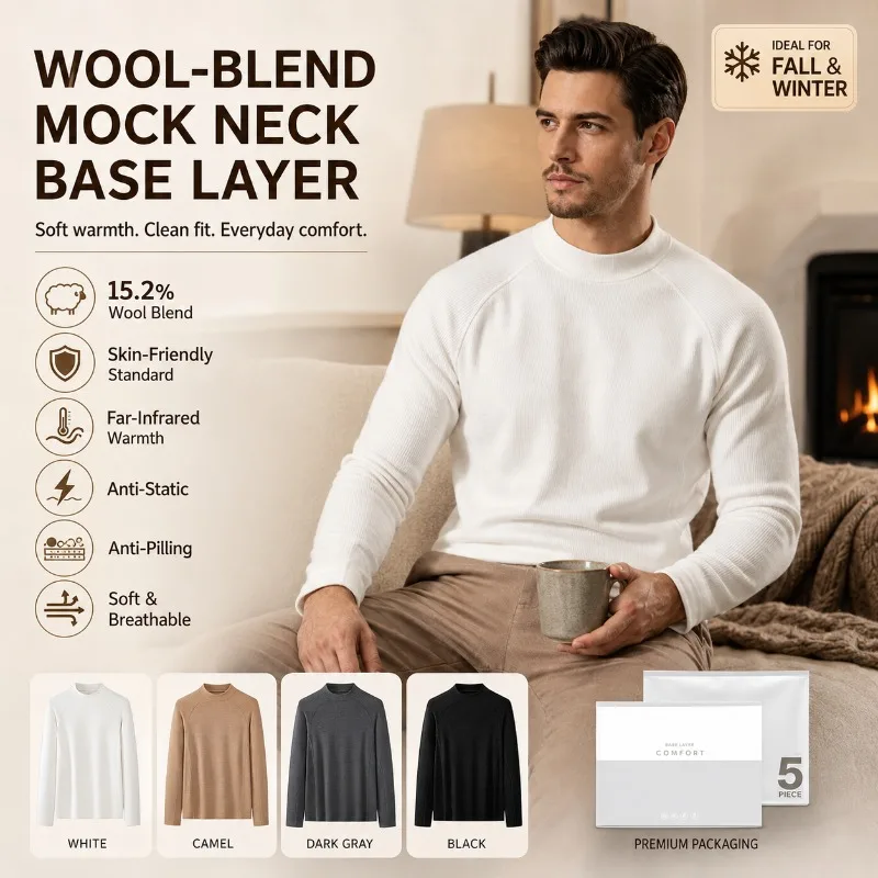 Men Fleece Lined Wool Mock Neck Long Sleeve Undershirt Raglan Sleeve Thermal Autumn Winter Base Layer Inner Top