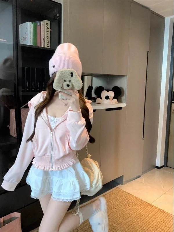 سترة نسائية ذات قلنسوة وسحاب باللون الوردي بتصميم Faion مع أربطة الخصر وأسفل طويلة Sve مريحة تناسب الكورية