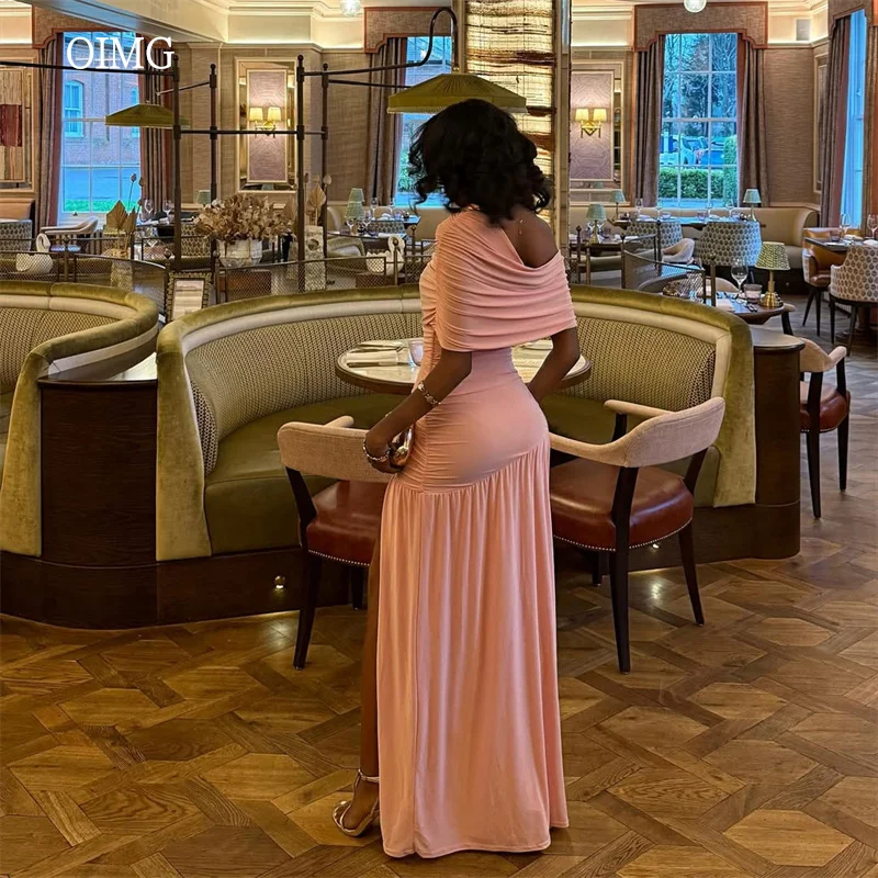 

OIMG Sexy Pink Off The Shoulder Mermaid Prom Gowns Side Slit Elastic Party Gown Floor Length Evening Dress Customized