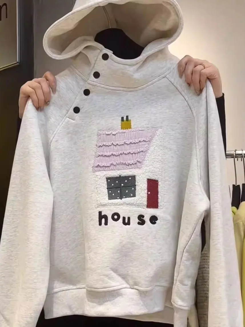 

Loose Fit Fce Lined Hoodie Women's Autumn Winter Casual Embroidered Lettering College Sle Jaet Irregular Button Design