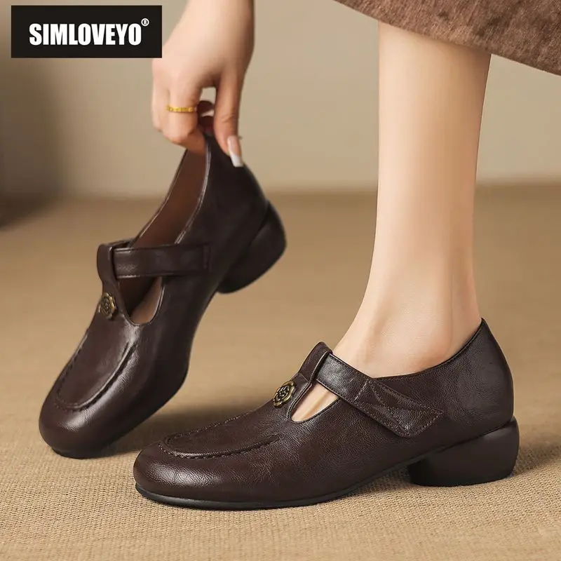 

Брендовые женские туфли SIMLVOEYO на плоской подошве с круглым носком, с пряжкой и металлическим цветком, повседневная обувь ручной работы, обувь Мэри Джейн, большие размеры 42, 43