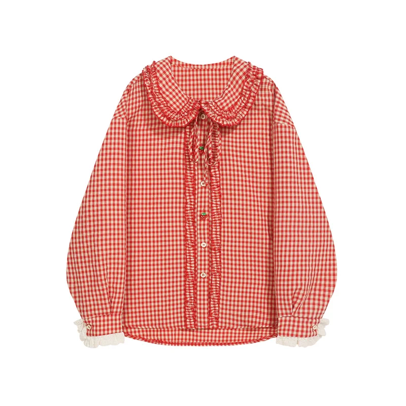 Kawaii Ruffle Doll Collar Plaid Blouse Women Shirts Strawberry Button Lace Long Sleeve Top Lolita Cute Oversized Shirt 2023