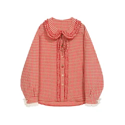 Kawaii Ruffle Doll Collar Plaid Blouse Women Shirts Strawberry Button Lace Long Sleeve Top Lolita Cute Oversized Shirt 2023