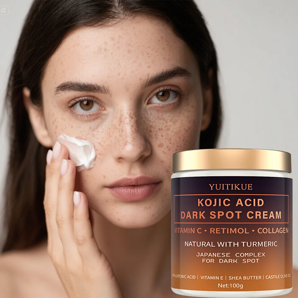 Creme desbotado de arbutina, vitamina C, retinol, colágeno, curcina natural, ácido hialurônico, vitamina E, manteiga de karité, óleo de oliva de rícino.