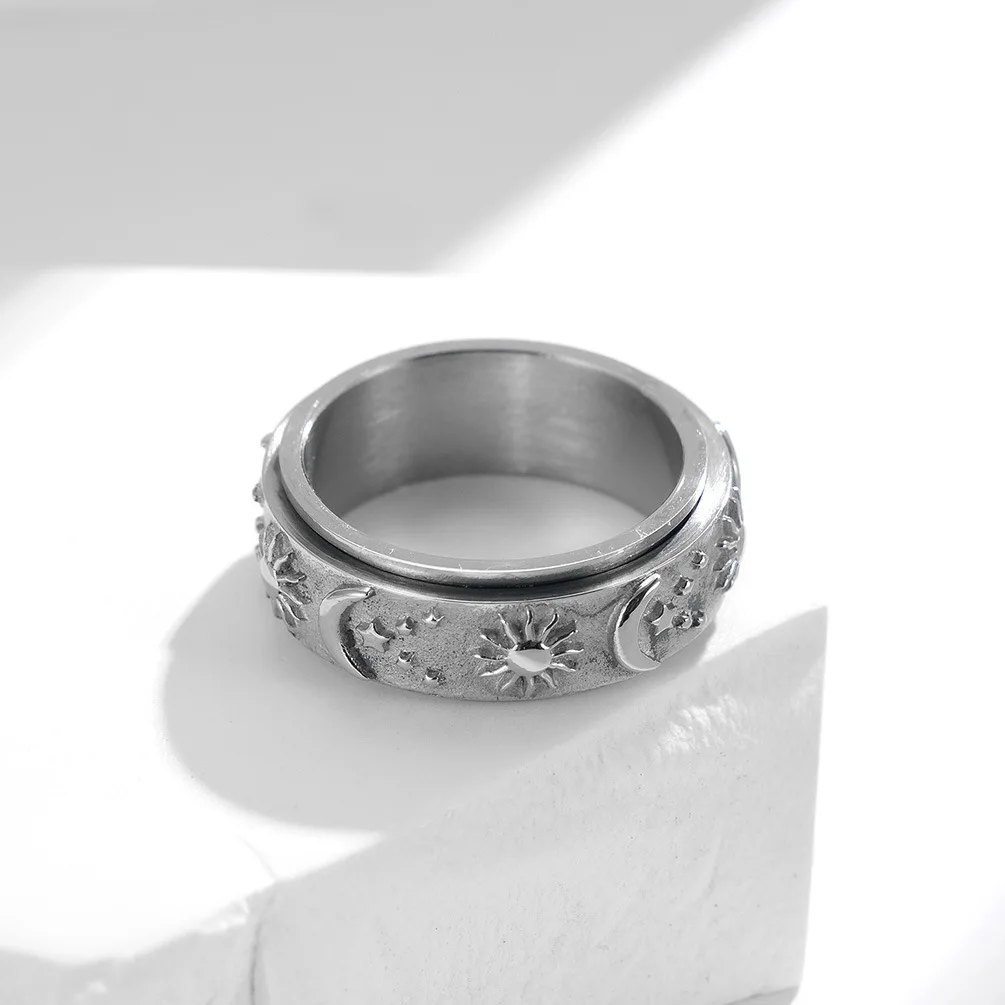 8MM Men Women Sun&Moon Spinner Fidget Ring Anti-anxiety Stainless Steel Rotatable Size#6-13