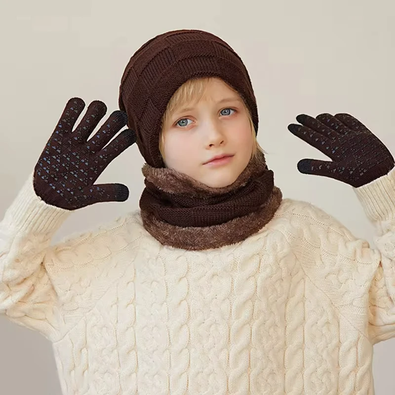 Winter Children Hat Gloves Scarf Set Plus Velvet Knitted Hats for Kids Neck Warmer Scarves Five Finger Gloves Boys Accessories