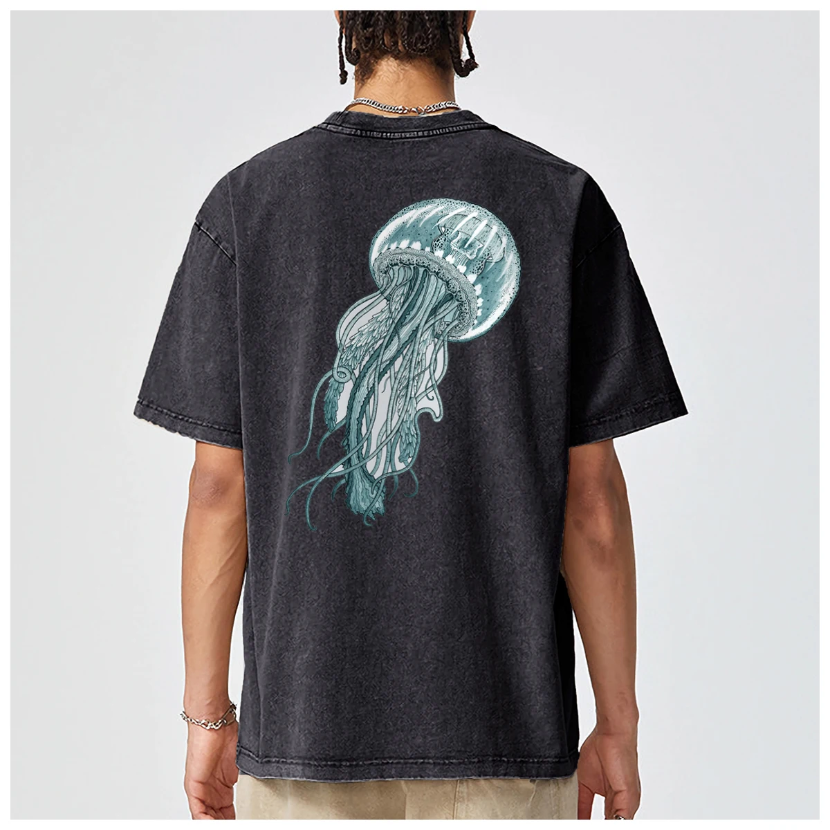 Swimming Colorful Jellyfish Cartoon Japanese harajuku funny Oversized t shirt men Women Fashion Casual Vintage Washed CottonTee