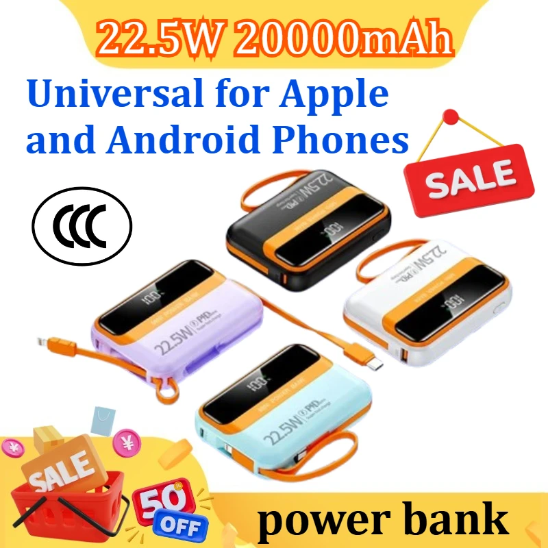 

22.5W 20000mAh Fast Charging Built in Cables Powerbank External Battery Charger for IPhone for Samsung for Huawei for Xiaomi