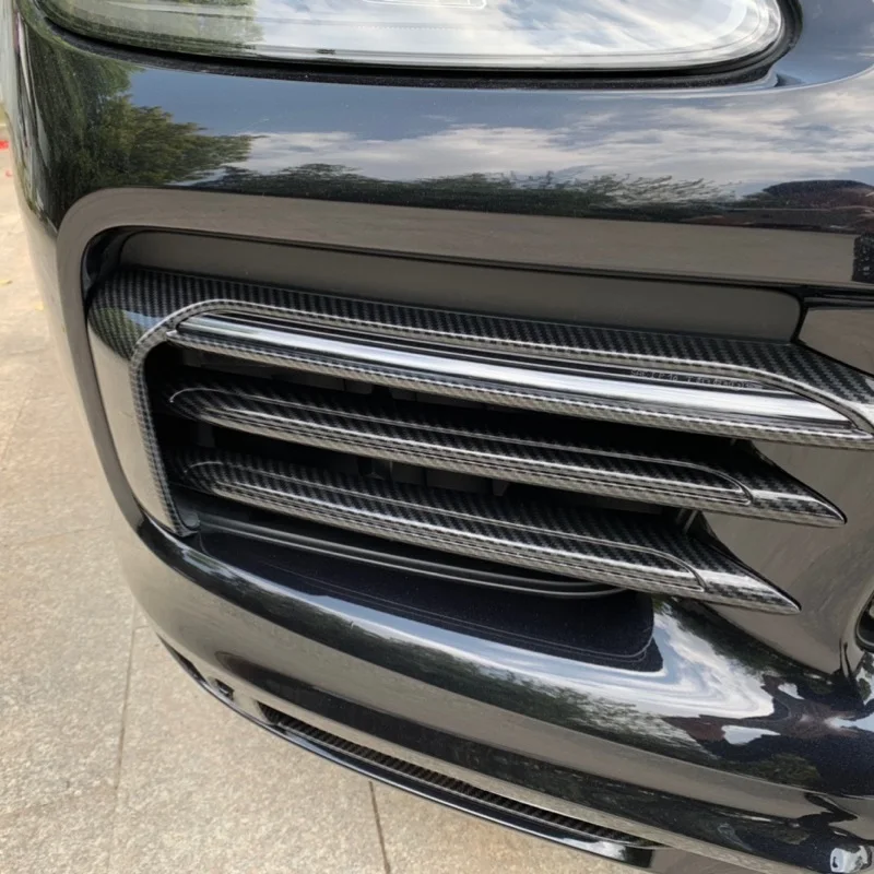 For Porsche Cayenne 2018 2019 Styling Accessories Carbon Fiber Printed Car Front Grille Moulding Trim Fog Light Lamp Cover