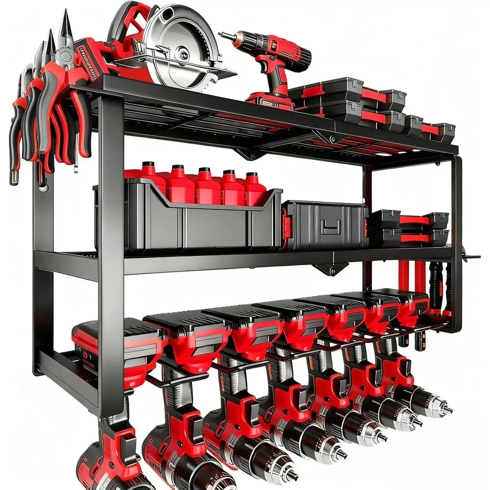 

Power Tool Organizer Wall Mount, 150Lbs 3 Layer Metal Tool Storage Rack with 7 Cordless Drill Holder, Heavy Duty Storage for Wor