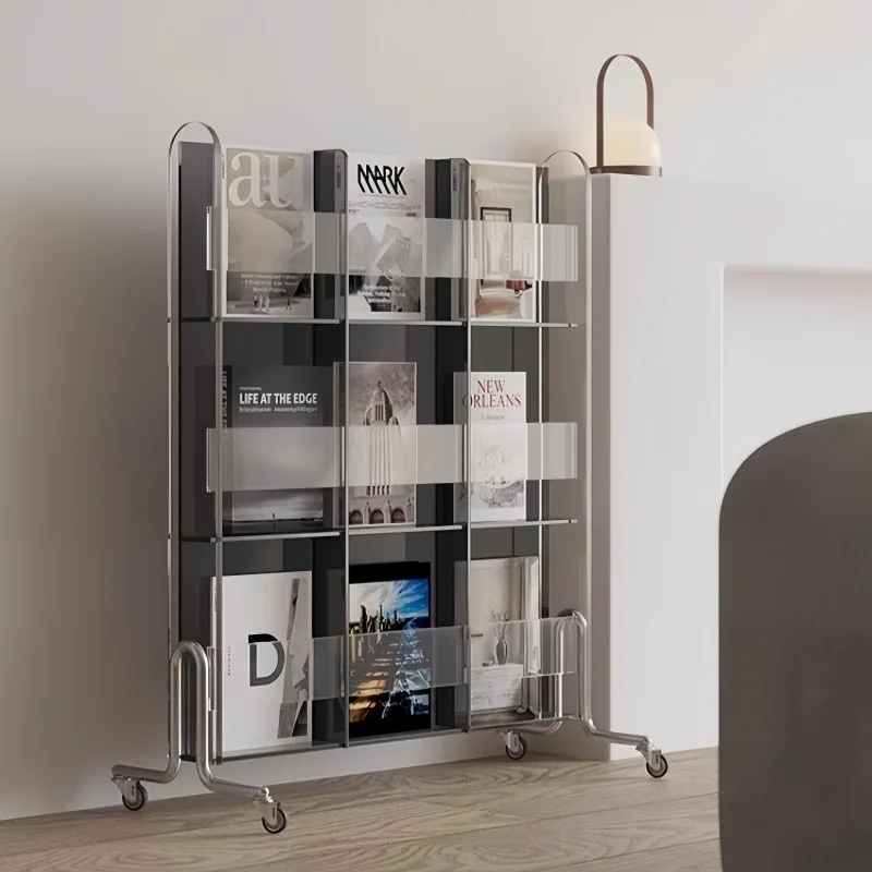 

Movable multi-layer floor-to-ceiling acrylic display stand Reading light luxury bookshelf Modern simple newspaper rack Storage