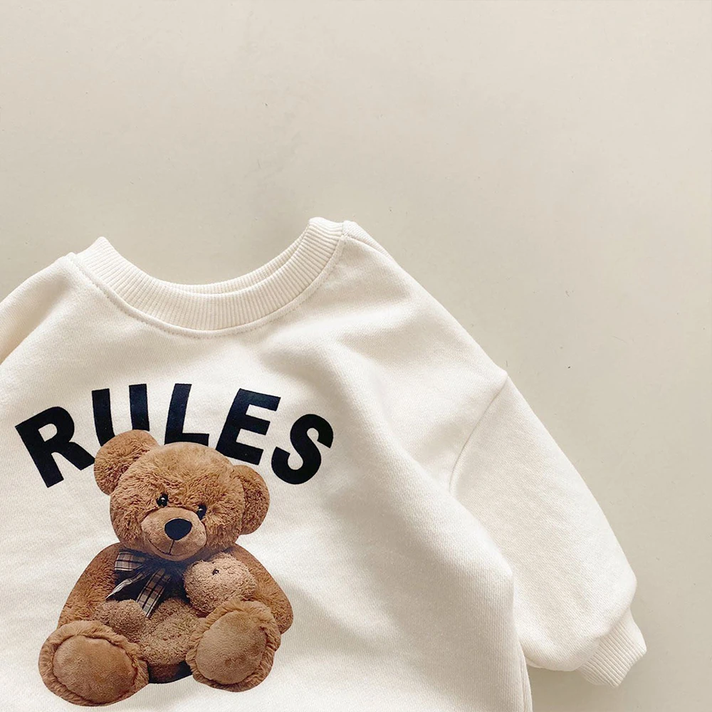 Korean 1-4Y Boys Outfit Set Toddler Girls Clothes Set Fashion Sweatshirt Tops +White Pants Spring Cartoon Bear Kids Clothes Suit