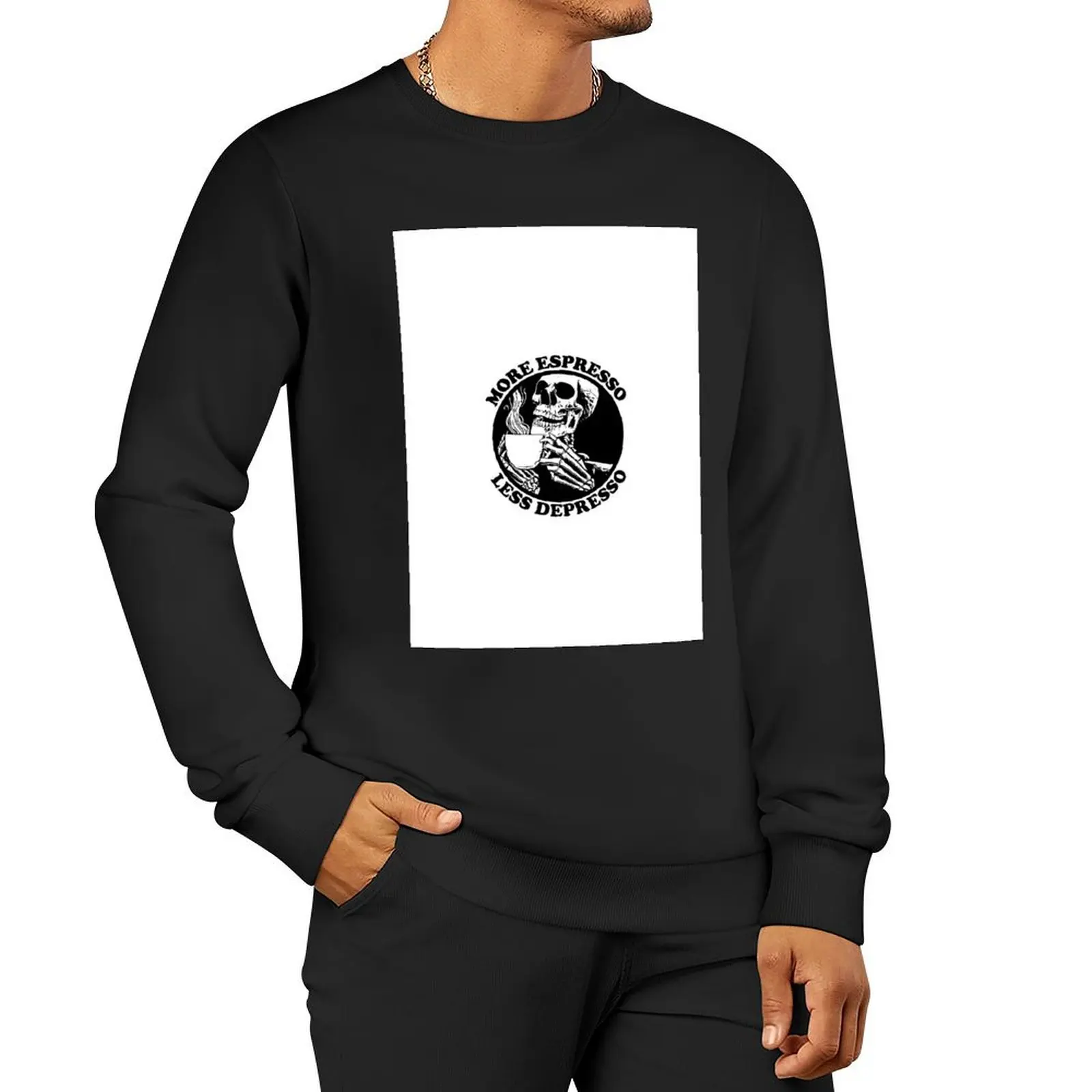 More Espresso Less Depresso, Skeleton Drinking Coffee, Black Pullover Hoodie tracksuits men's sweatshirts