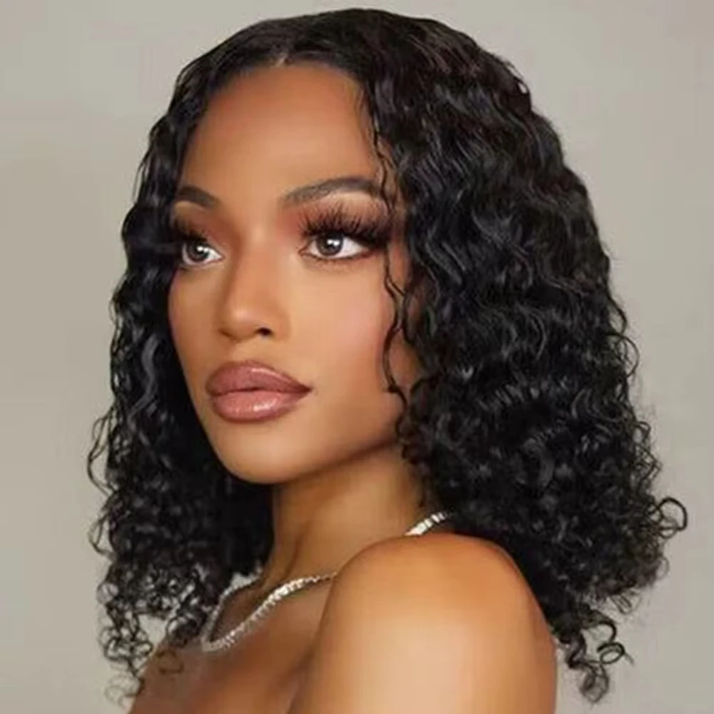 

Short Curly Bob Brazilian Human Hair Lace Front Wigs 13X4 Transparent Lace Frontal Deep Wave Wig For Black Women 180 Density