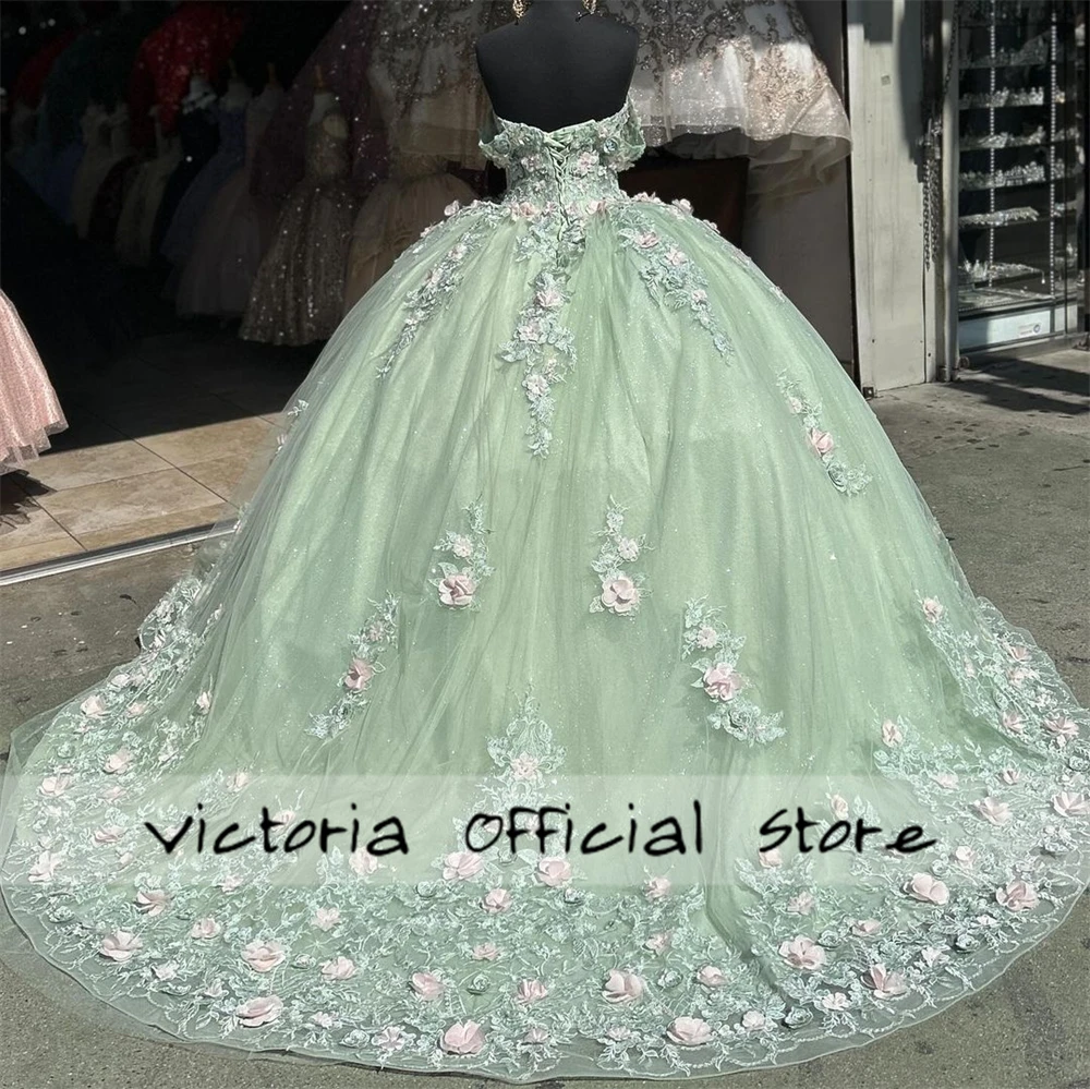 Fascinating Light Pink Flowers Sage Green Off The Shoulder Quinceanera Dresses Ball Gown Birthday Lace Up Sweet 15 16 Dress