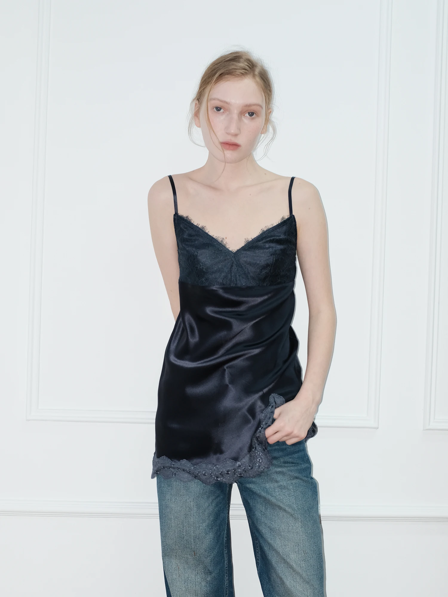 

Heemmi Brand Silk Acetate Smooth Dra Lace Satin Patchwork Strapl Base Dr Casual Sle H Version V Ne Dr