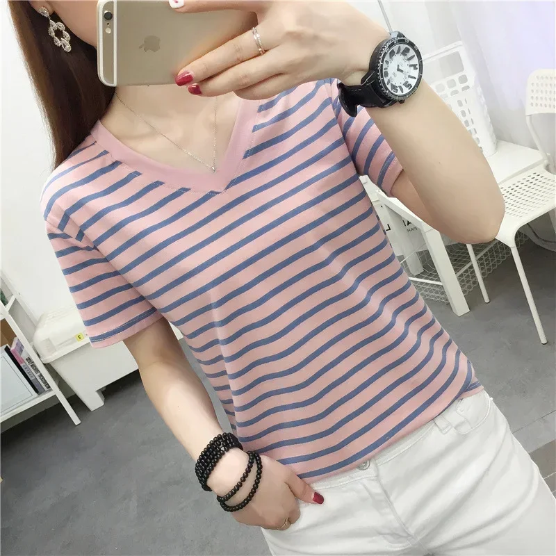 Girls Summer Loose Striped Tshirt Cotton Short Sleeve V-neck T-shirt 5xl Ladies Fat Obese Pink Blue Stripe Tee Shirt Large Size